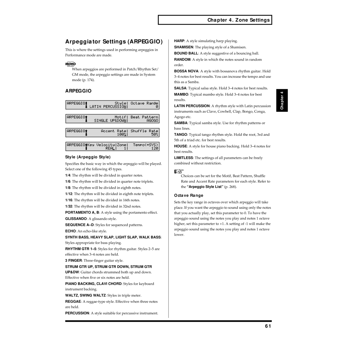 Roland XV-88 owner manual Arpeggiator Settings Arpeggio, Style Arpeggio Style, Octave Range 