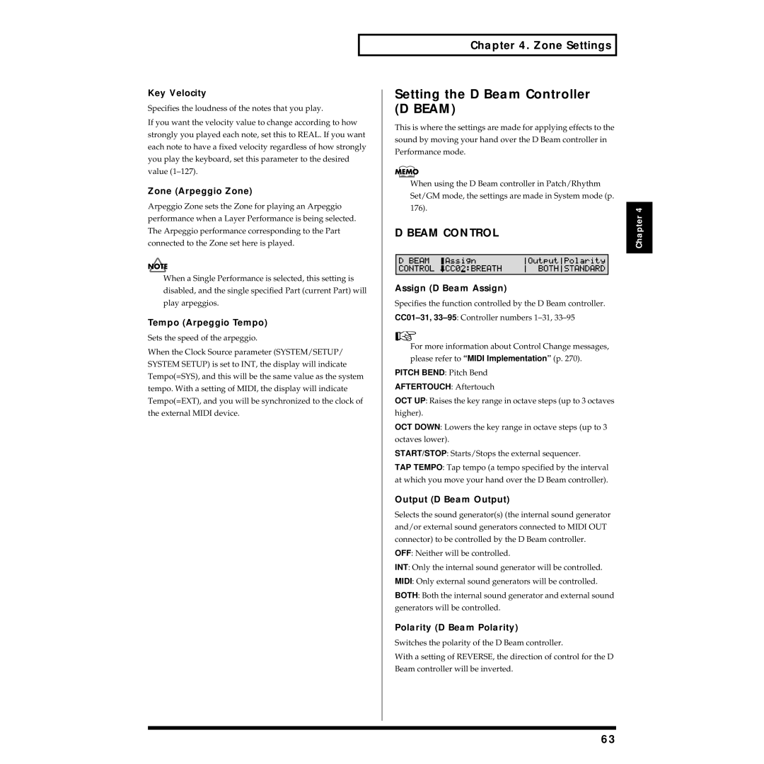 Roland XV-88 owner manual Setting the D Beam Controller D Beam 