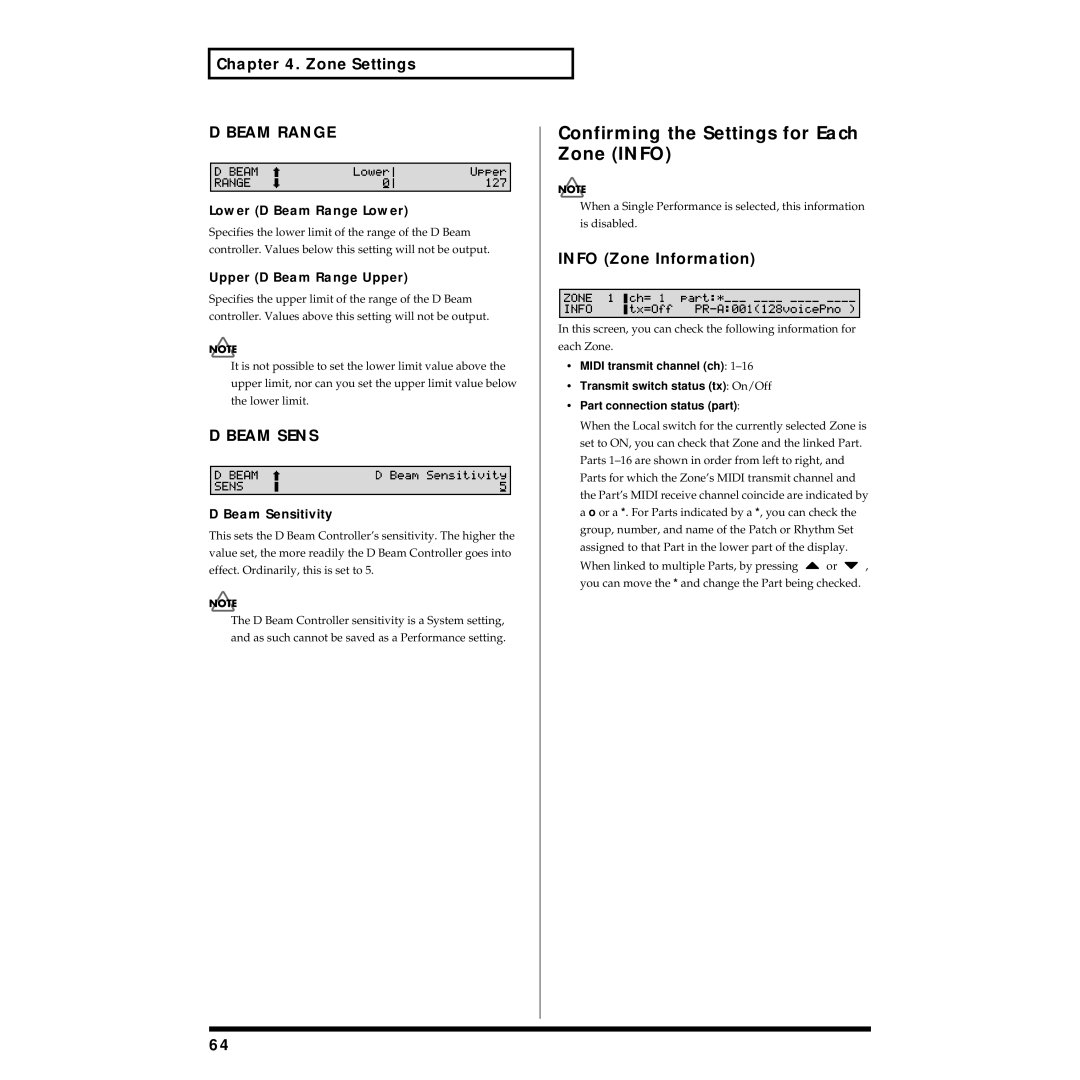 Roland XV-88 owner manual Confirming the Settings for Each Zone Info, Beam Range, Beam Sens, Info Zone Information 