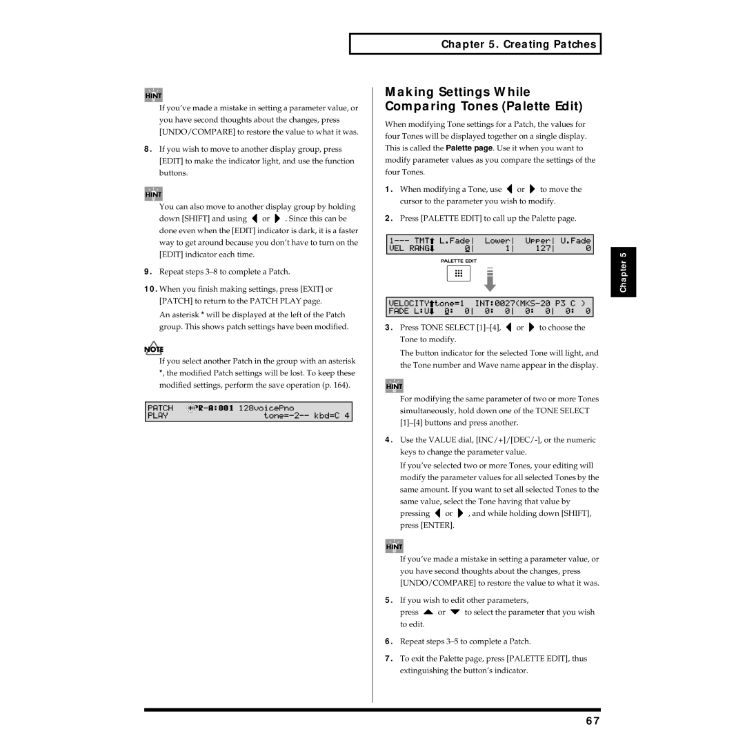 Roland XV-88 owner manual Making Settings While Comparing Tones Palette Edit 