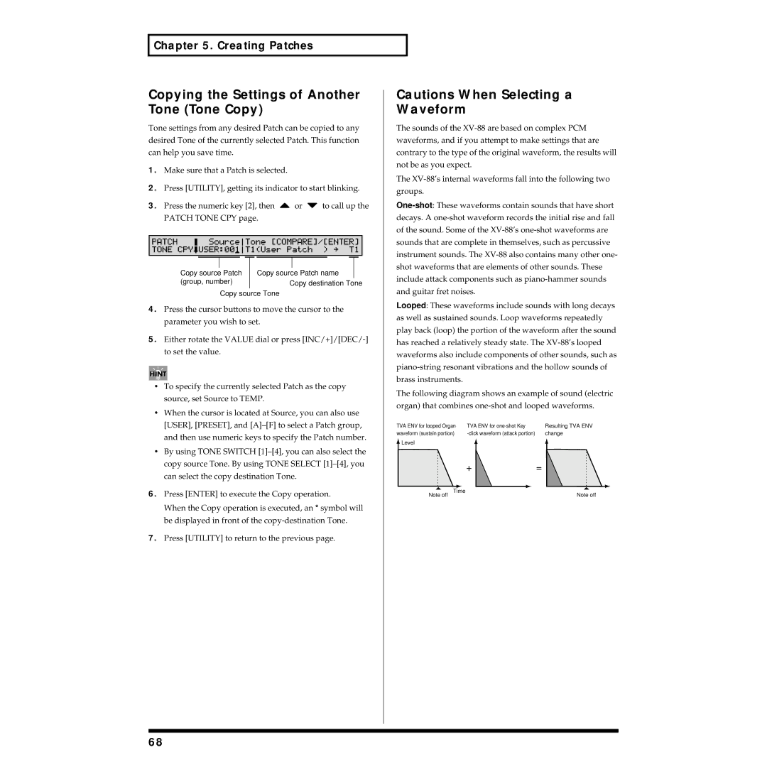 Roland XV-88 owner manual Copying the Settings of Another Tone Tone Copy 