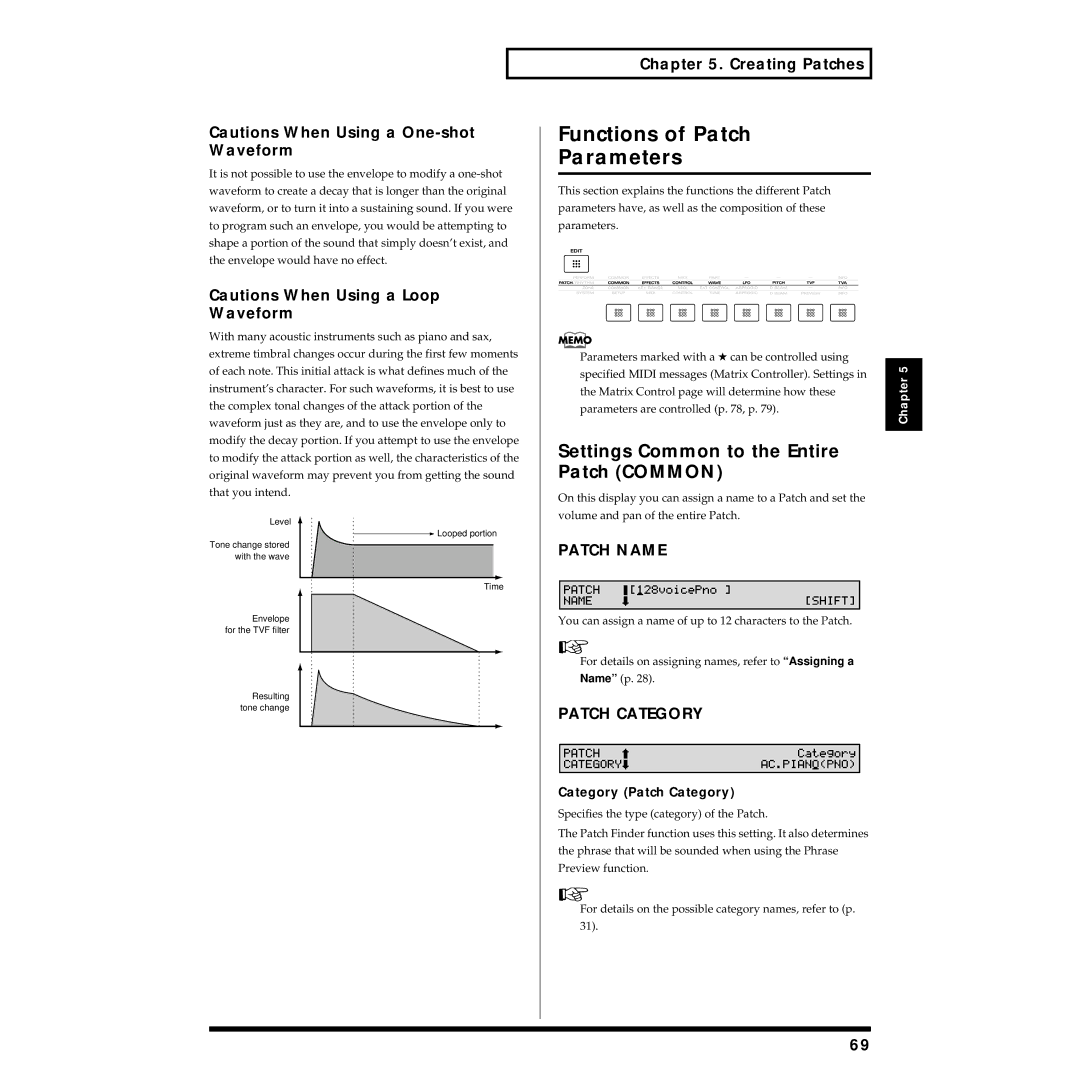 Roland XV-88 owner manual Functions of Patch Parameters, Settings Common to the Entire Patch Common, Waveform, Patch Name 