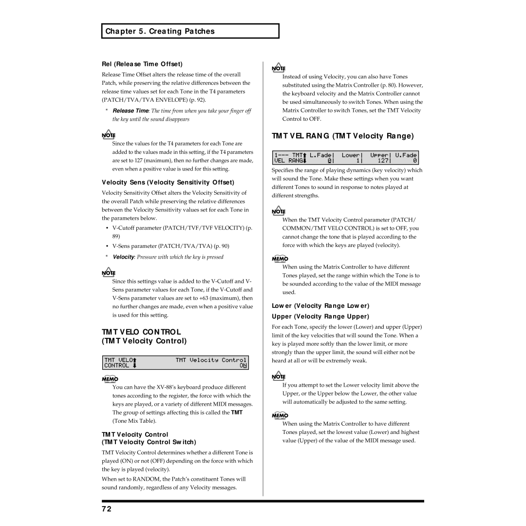 Roland XV-88 owner manual TMT Velo Control TMT Velocity Control, TMT VEL Rang TMT Velocity Range 
