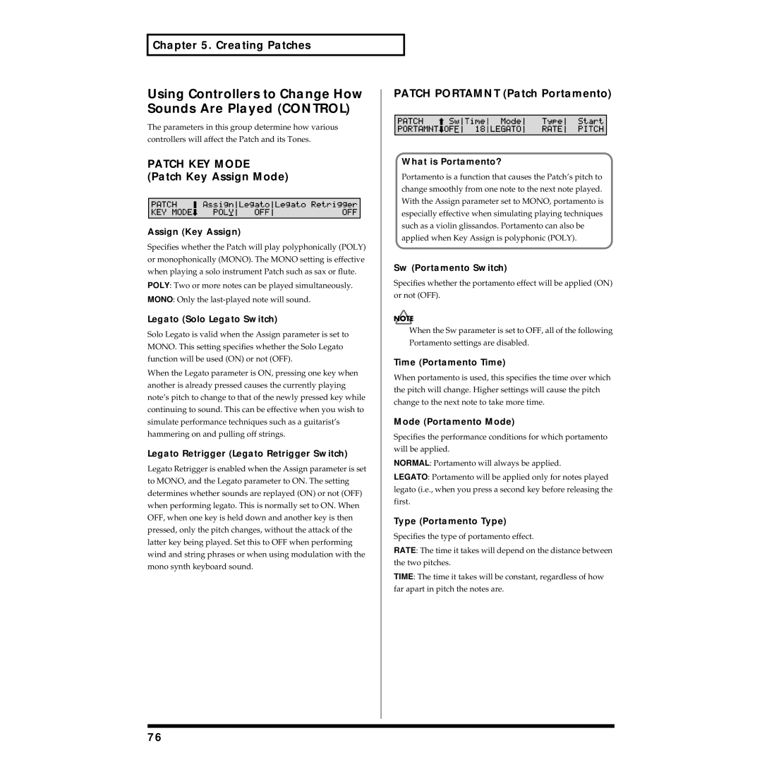 Roland XV-88 owner manual Using Controllers to Change How Sounds Are Played Control, Patch KEY Mode Patch Key Assign Mode 