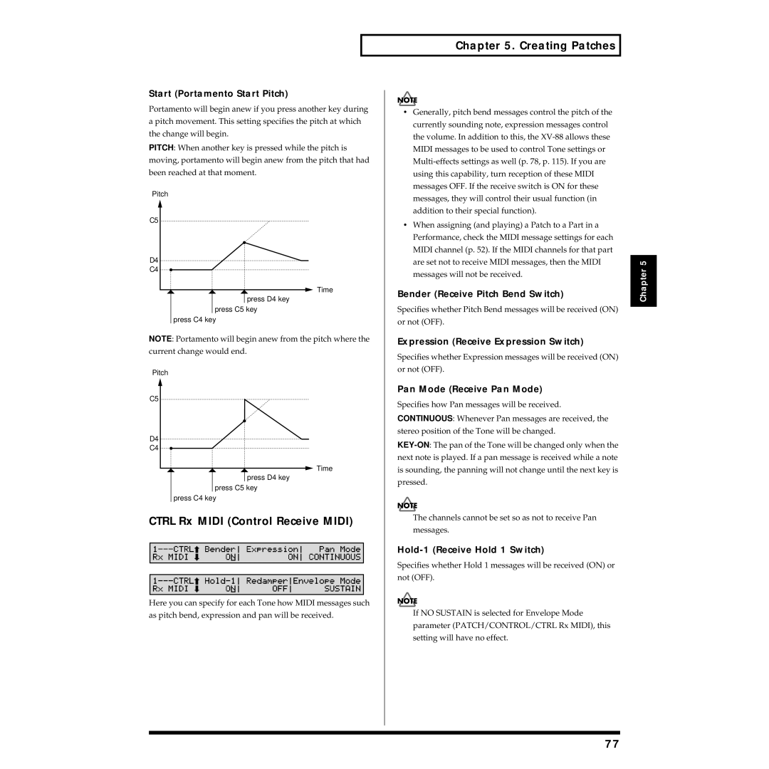 Roland XV-88 owner manual Ctrl Rx Midi Control Receive Midi, Start Portamento Start Pitch, Bender Receive Pitch Bend Switch 