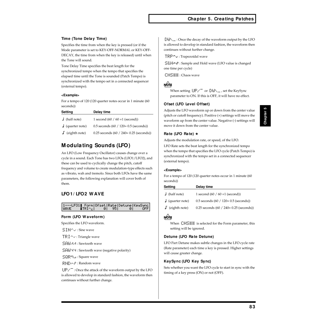 Roland XV-88 owner manual Modulating Sounds LFO, LFO1/LFO2 Wave 