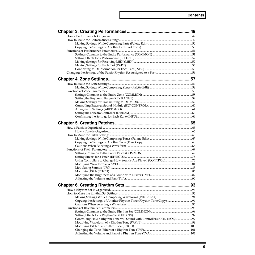 Roland XV-88 owner manual Creating Performances, Contents 