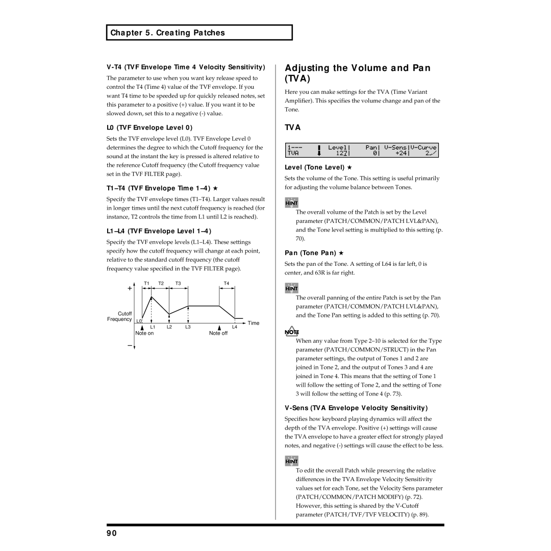 Roland XV-88 owner manual Adjusting the Volume and Pan TVA, Tva 