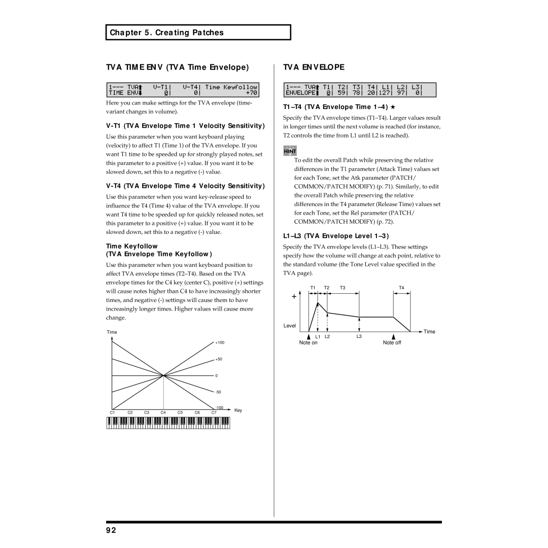 Roland XV-88 owner manual Creating Patches TVA Time ENV TVA Time Envelope, TVA Envelope 