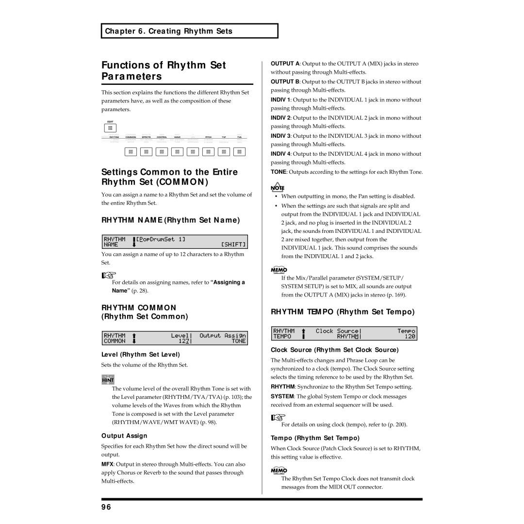 Roland XV-88 owner manual Functions of Rhythm Set Parameters, Settings Common to the Entire Rhythm Set Common 