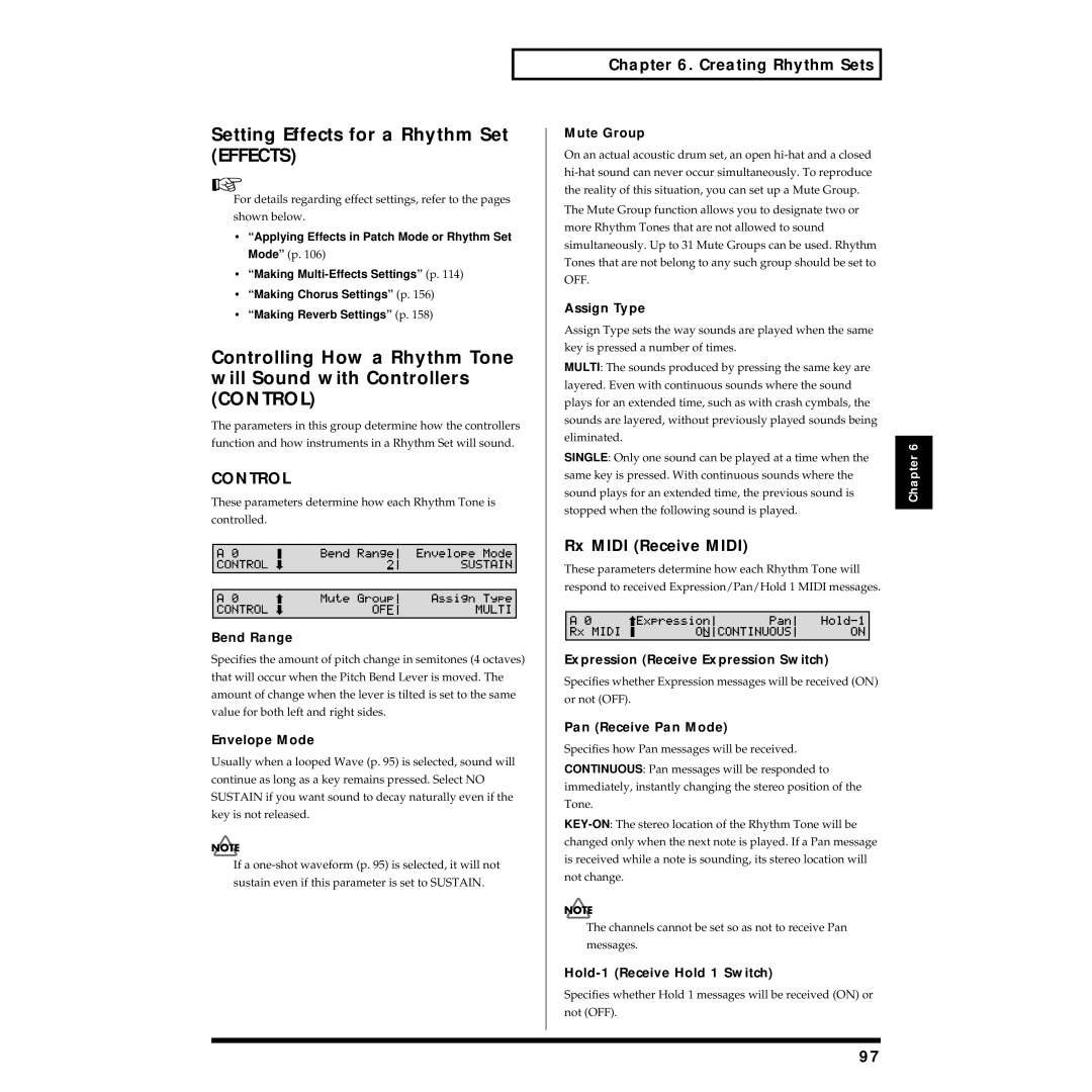 Roland XV-88 owner manual Setting Effects for a Rhythm Set Effects, Control, Rx Midi Receive Midi 