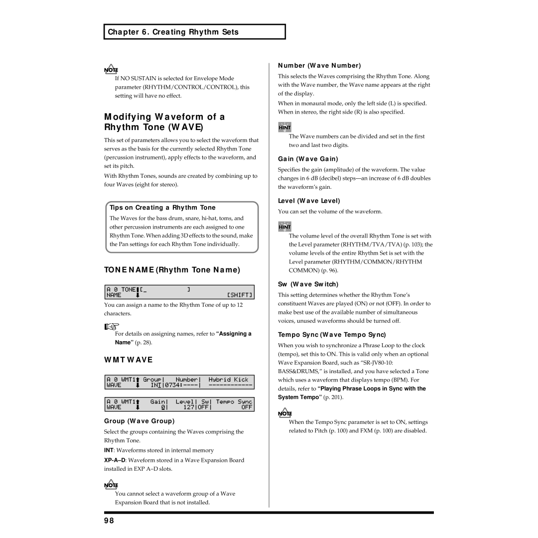 Roland XV-88 owner manual Modifying Waveform of a Rhythm Tone Wave, Tone Name Rhythm Tone Name, WMT Wave 