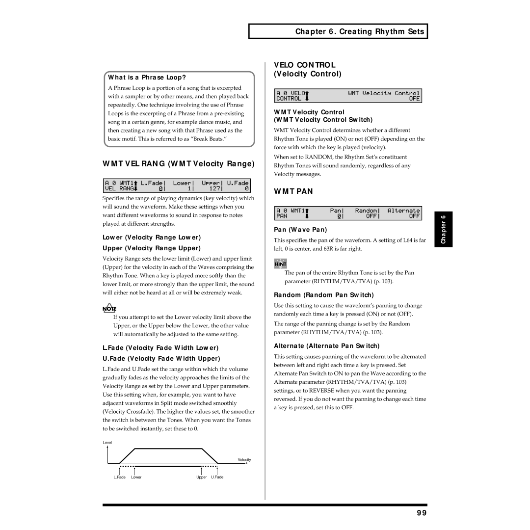 Roland XV-88 owner manual WMT VEL Rang WMT Velocity Range, Creating Rhythm Sets Velo Control Velocity Control, Wmt Pan 