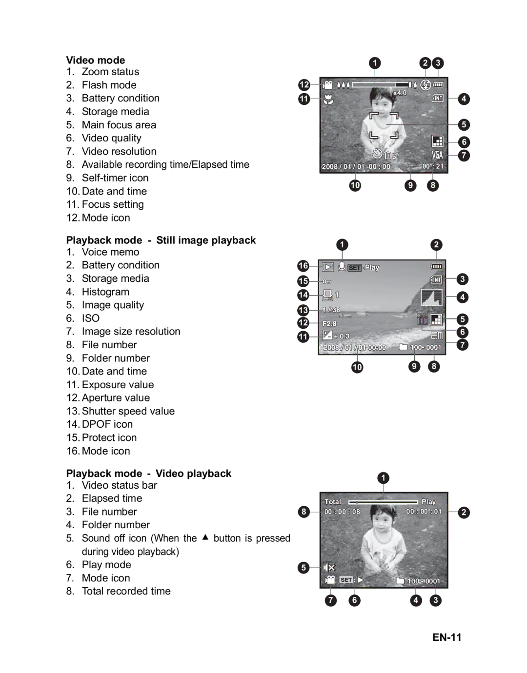 Rollei 140 manual Playback mode!-!Still image playback, Playback mode!-!Video playback, EN-11 