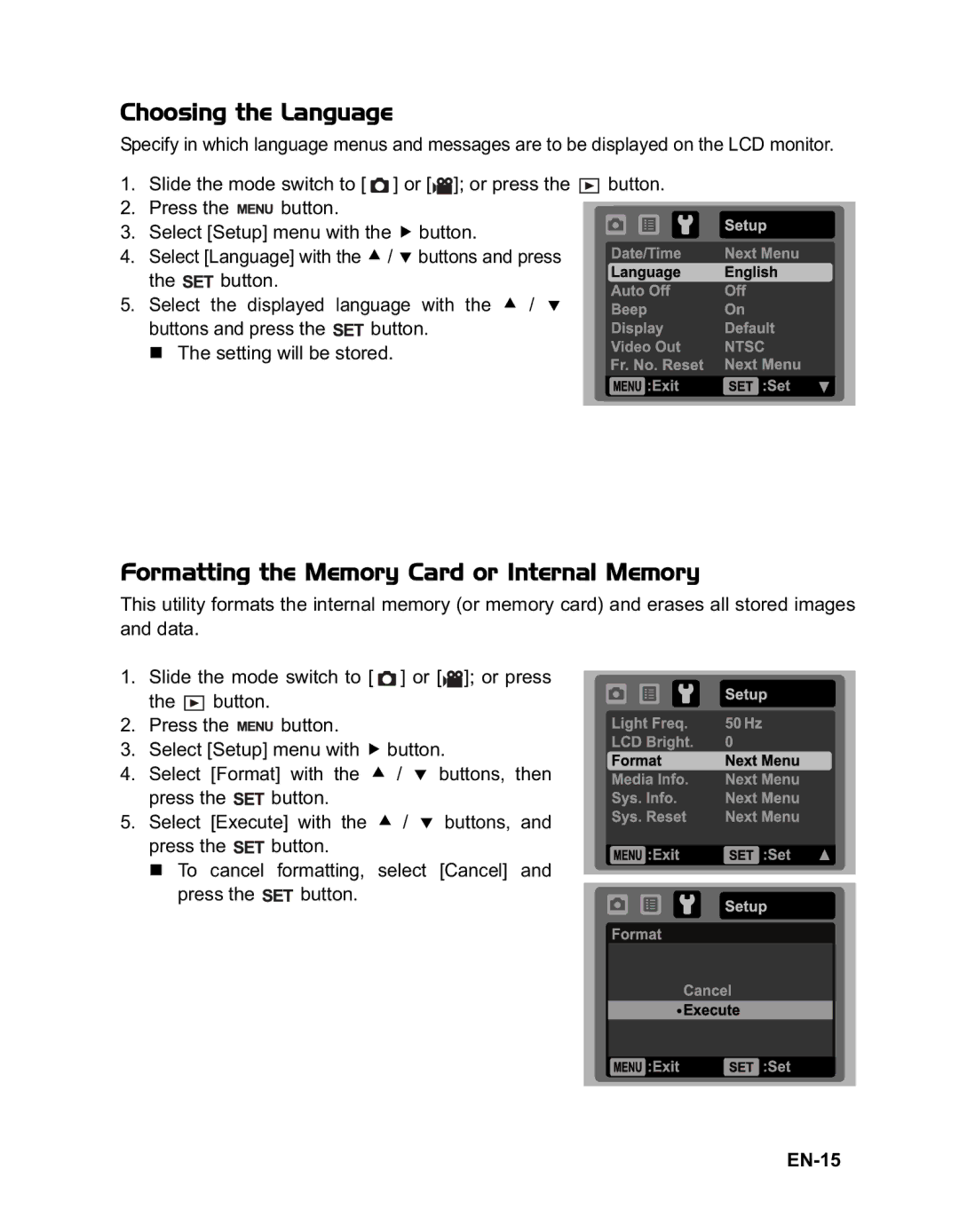 Rollei 140 manual Choosing the Language, Formatting the Memory Card or Internal Memory, EN-15 