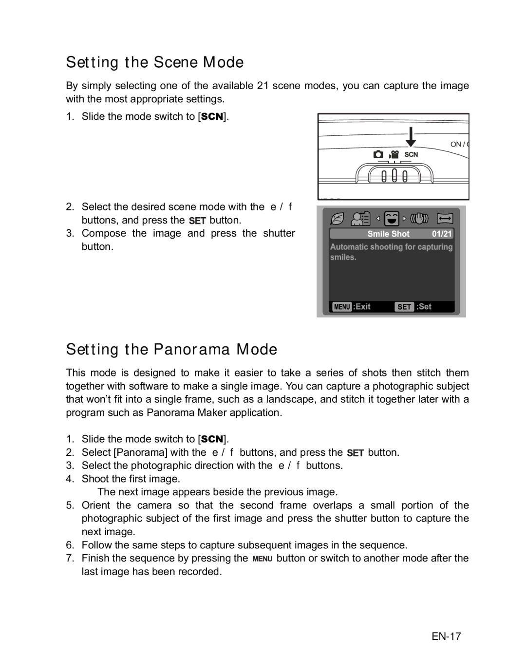 Rollei 140 manual Setting the Scene Mode, Setting the Panorama Mode, EN-17 