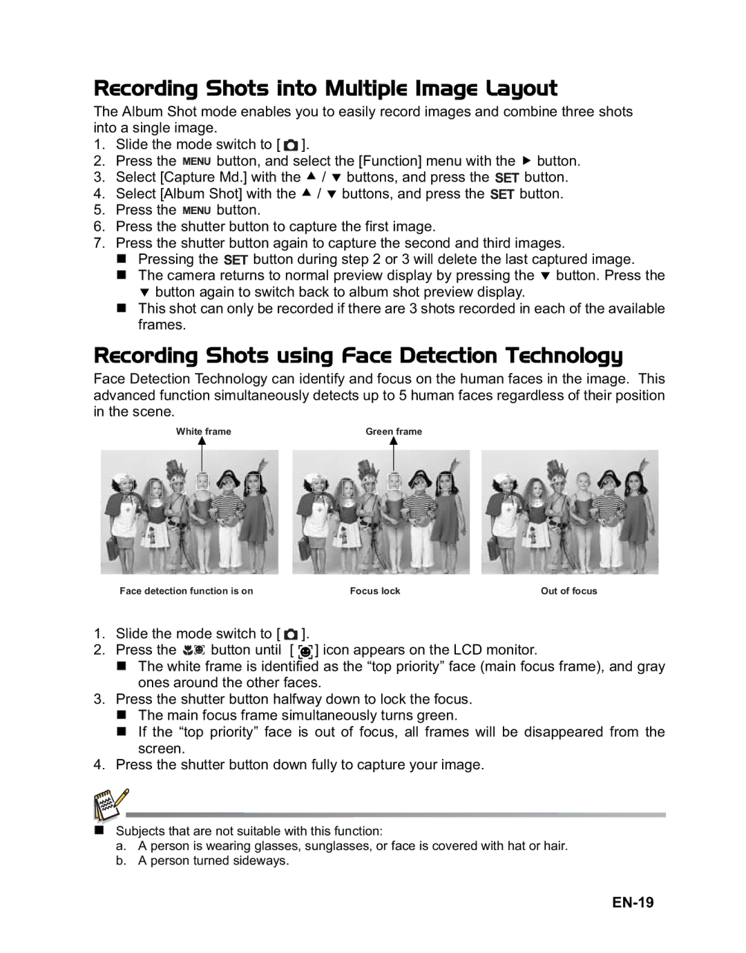 Rollei 140 manual Recording Shots into Multiple Image Layout, Recording Shots using Face Detection Technology, EN-19 