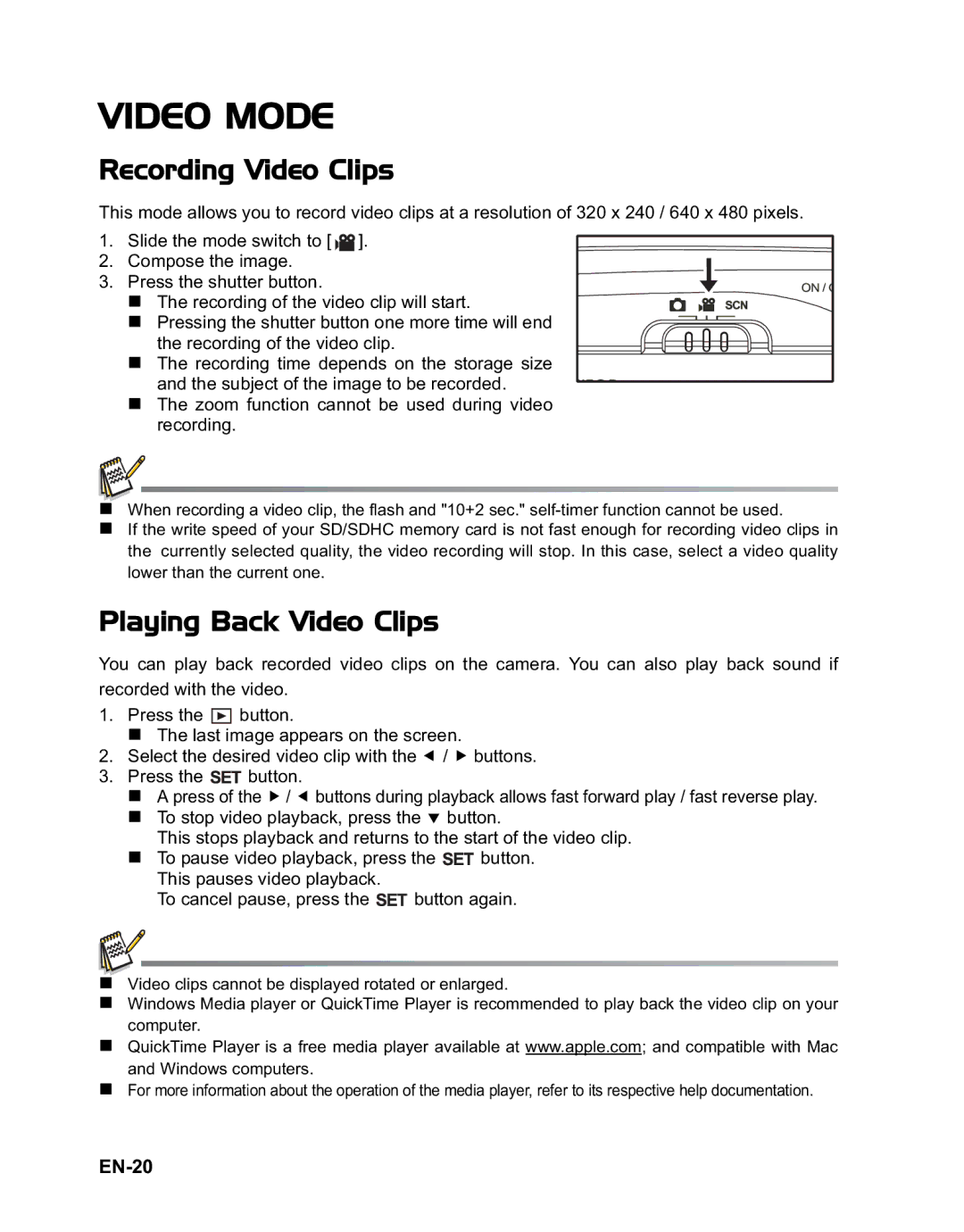 Rollei 140 manual Video Mode, Recording Video Clips, Playing Back Video Clips, EN-20 