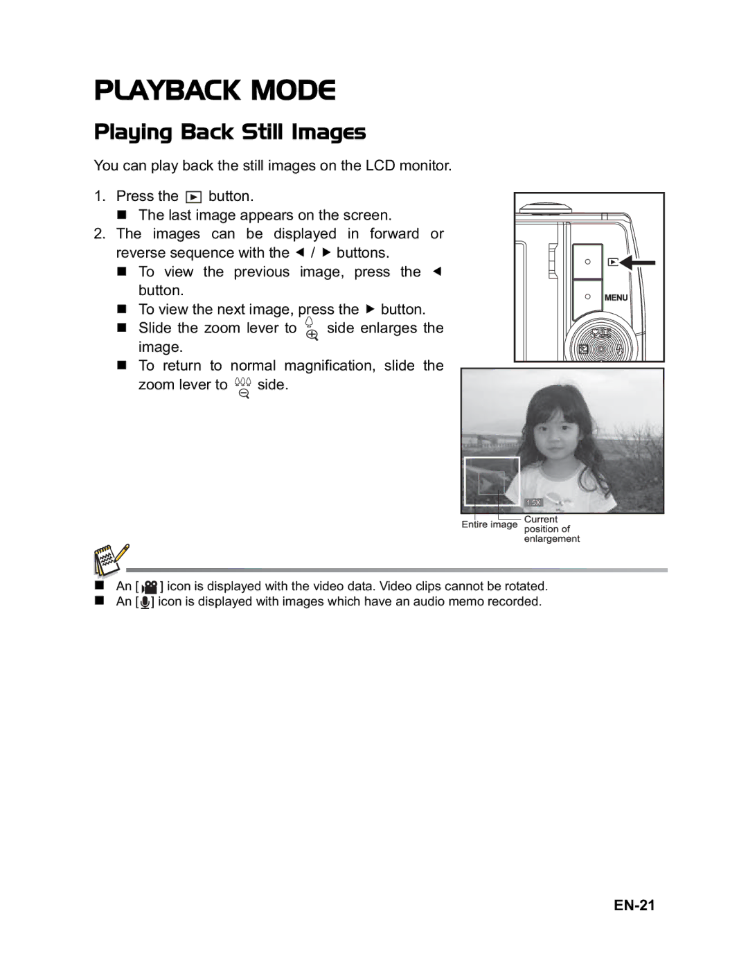 Rollei 140 manual Playback Mode, Playing Back Still Images, EN-21 