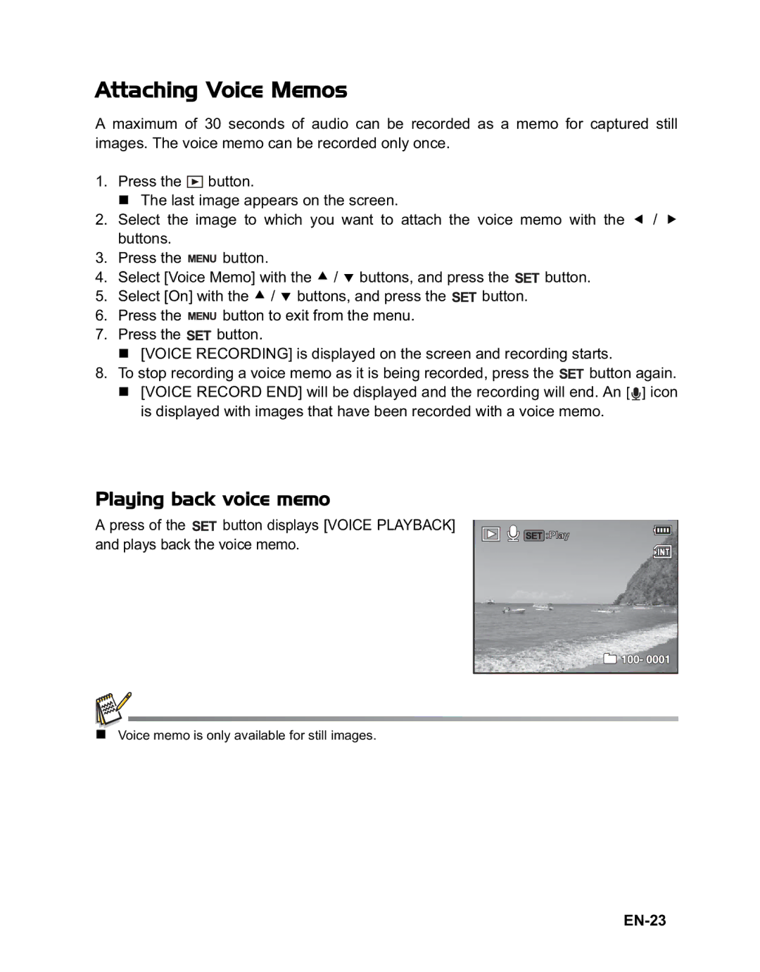 Rollei 140 manual Attaching Voice Memos, Playing back voice memo, EN-23 