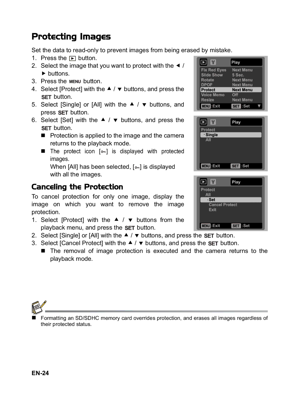 Rollei 140 manual Protecting Images, Canceling the Protection, EN-24 