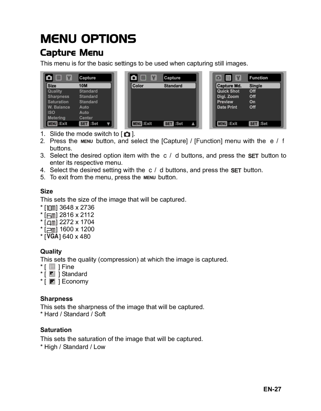 Rollei 140 manual Menu Options, Capture Menu 