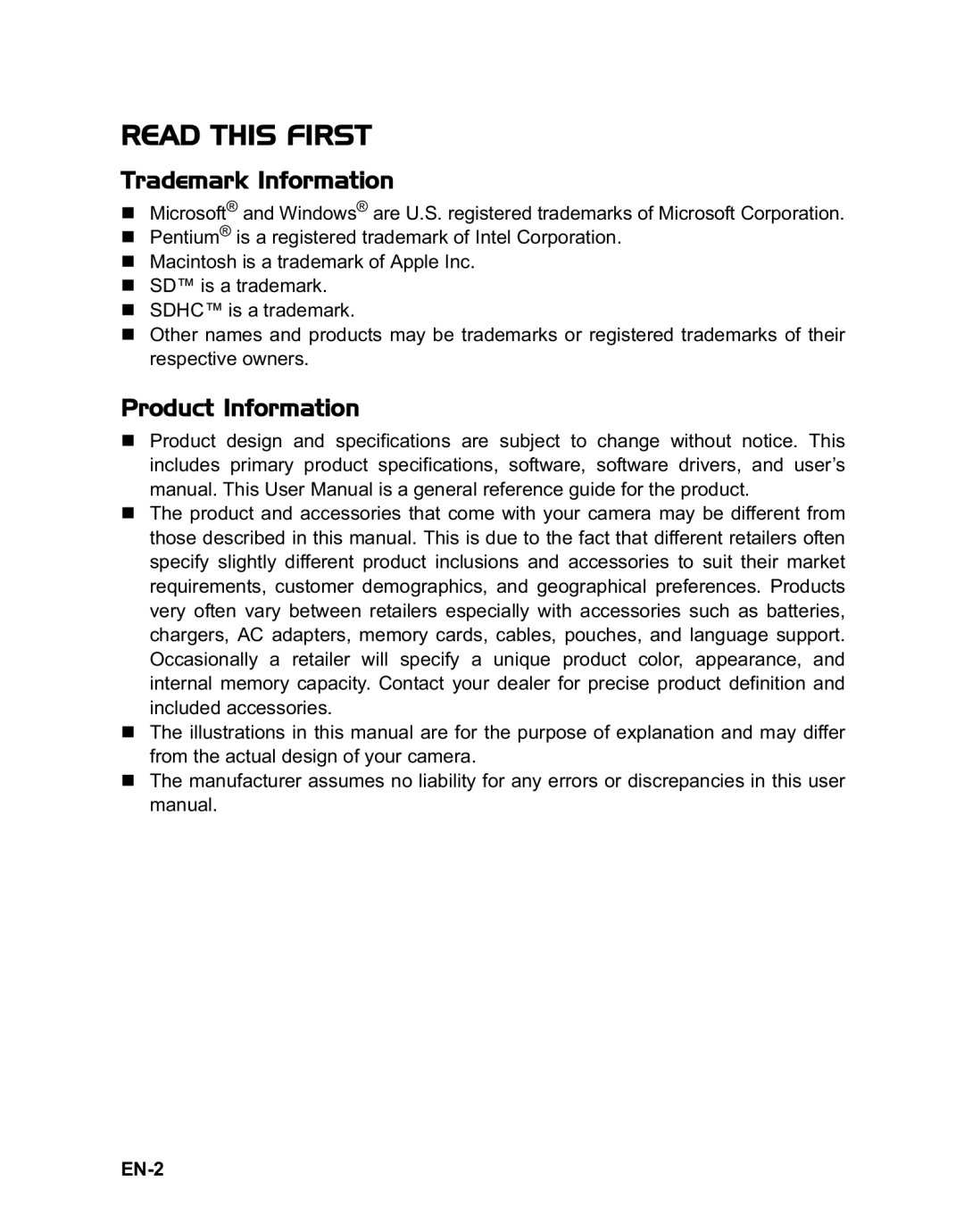 Rollei 140 manual Trademark Information, Product Information, EN-2 