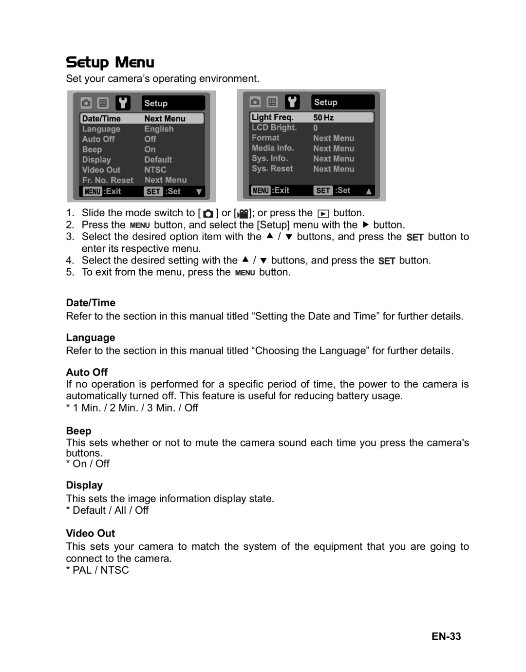 Rollei 140 manual Setup Menu 