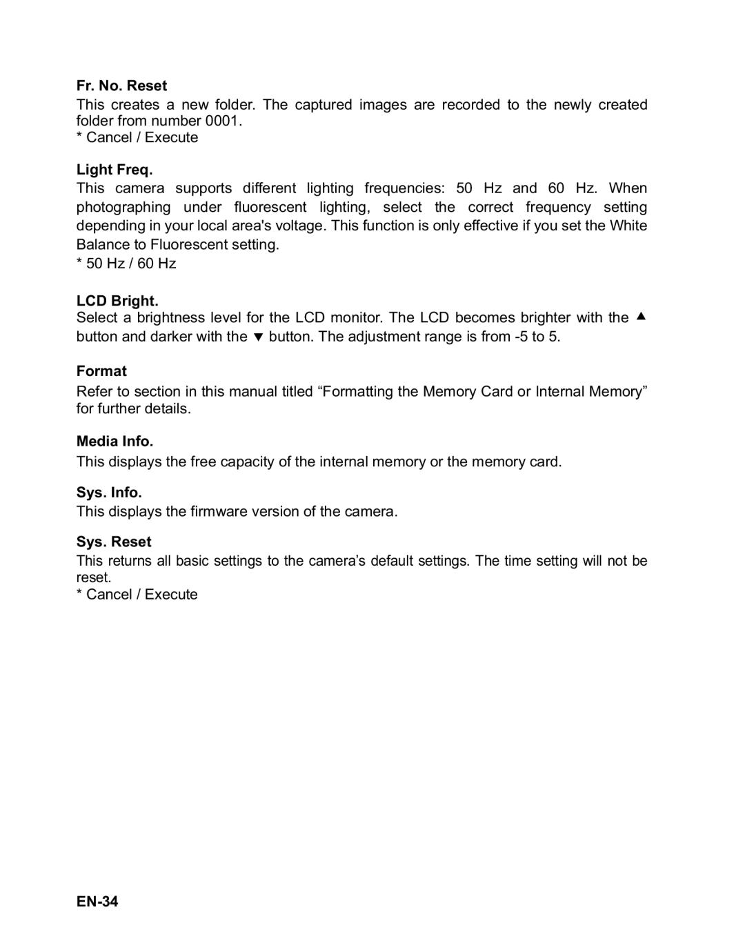 Rollei 140 manual Fr. No. Reset, Light Freq, LCD Bright, Format, Media Info, Sys. Info, Sys. Reset, EN-34 
