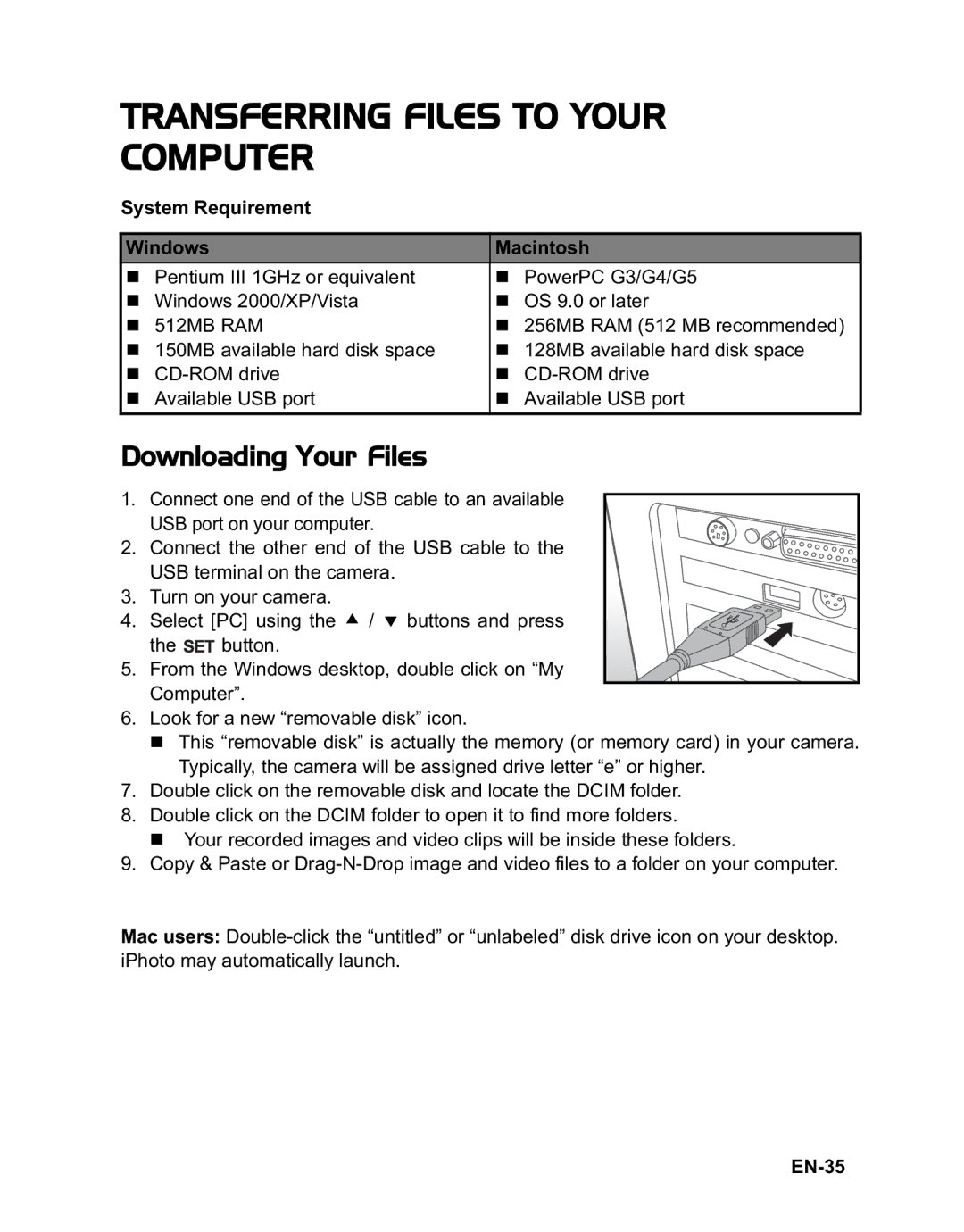 Rollei 140 manual Transferring Files to Your Computer, Downloading Your Files, System Requirement Windows Macintosh, EN-35 