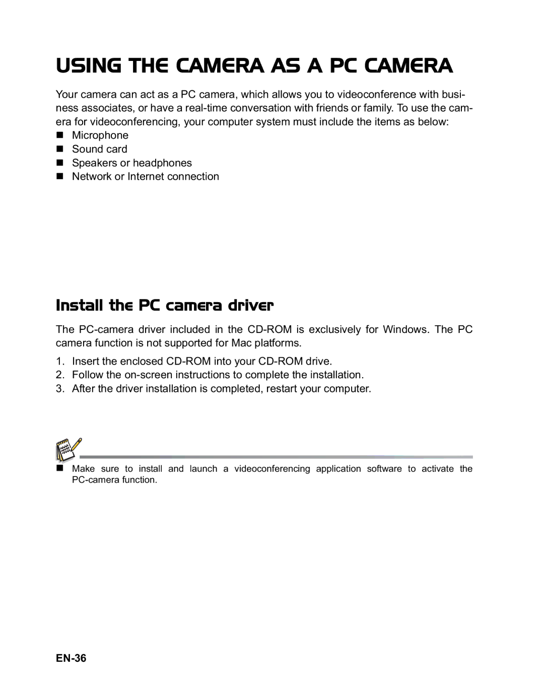 Rollei 140 manual Using the Camera AS a PC Camera, Install the PC camera driver, EN-36 