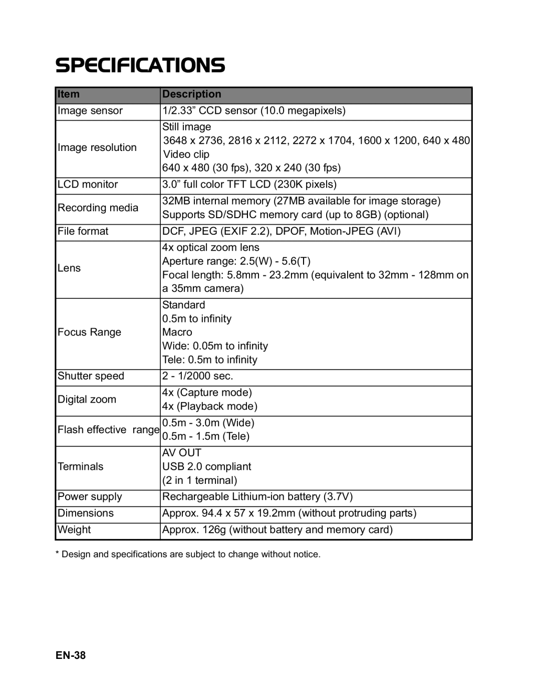 Rollei 140 manual Specifications, Description, EN-38 