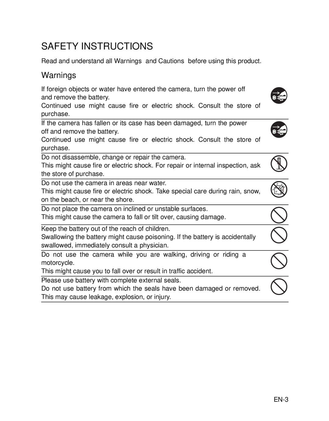 Rollei 140 manual Do not disassemble, change or repair the camera, Do not use the camera in areas near water, EN-3 