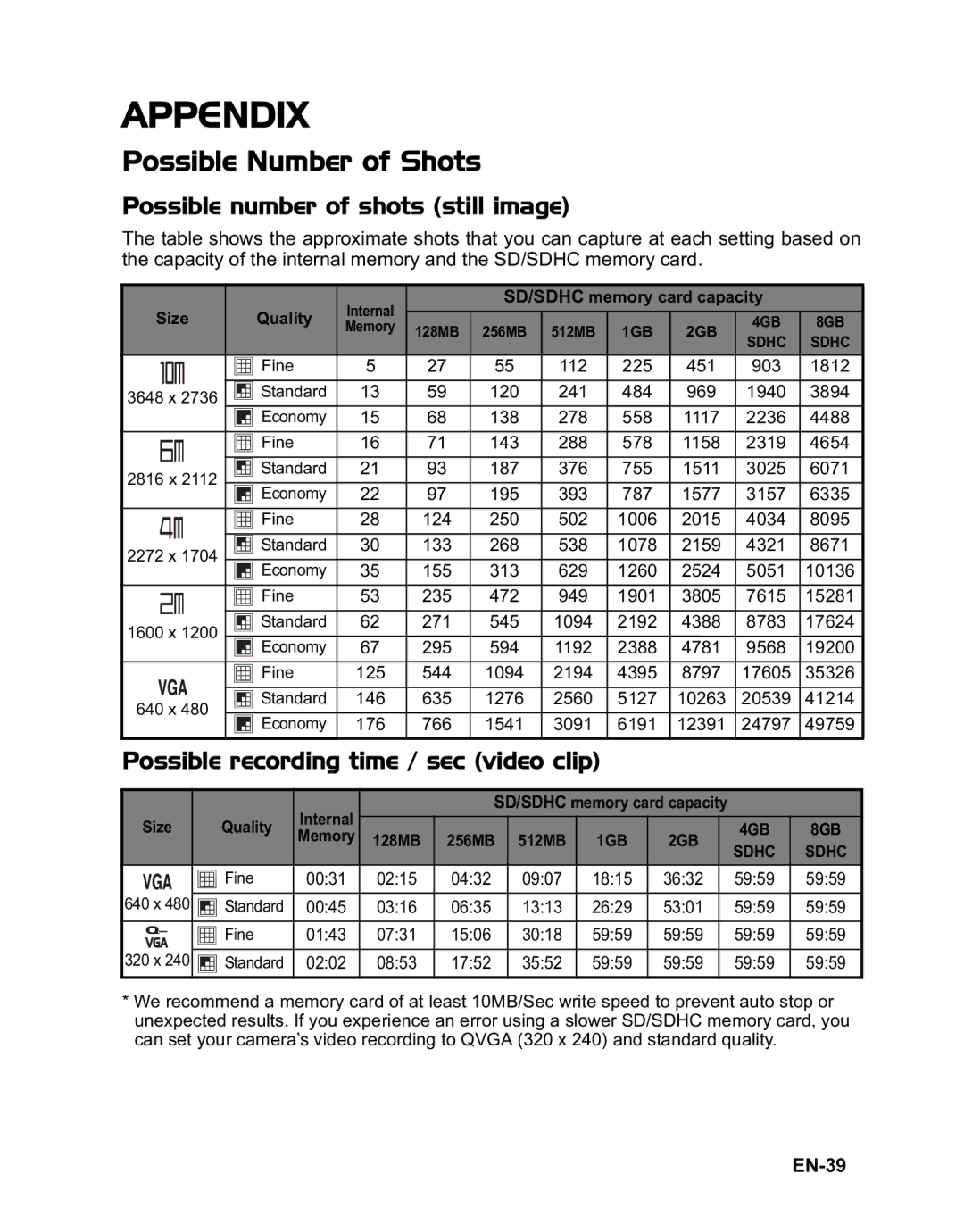 Rollei 140 manual Appendix, Possible Number of Shots, Possible number of shots still image, EN-39 