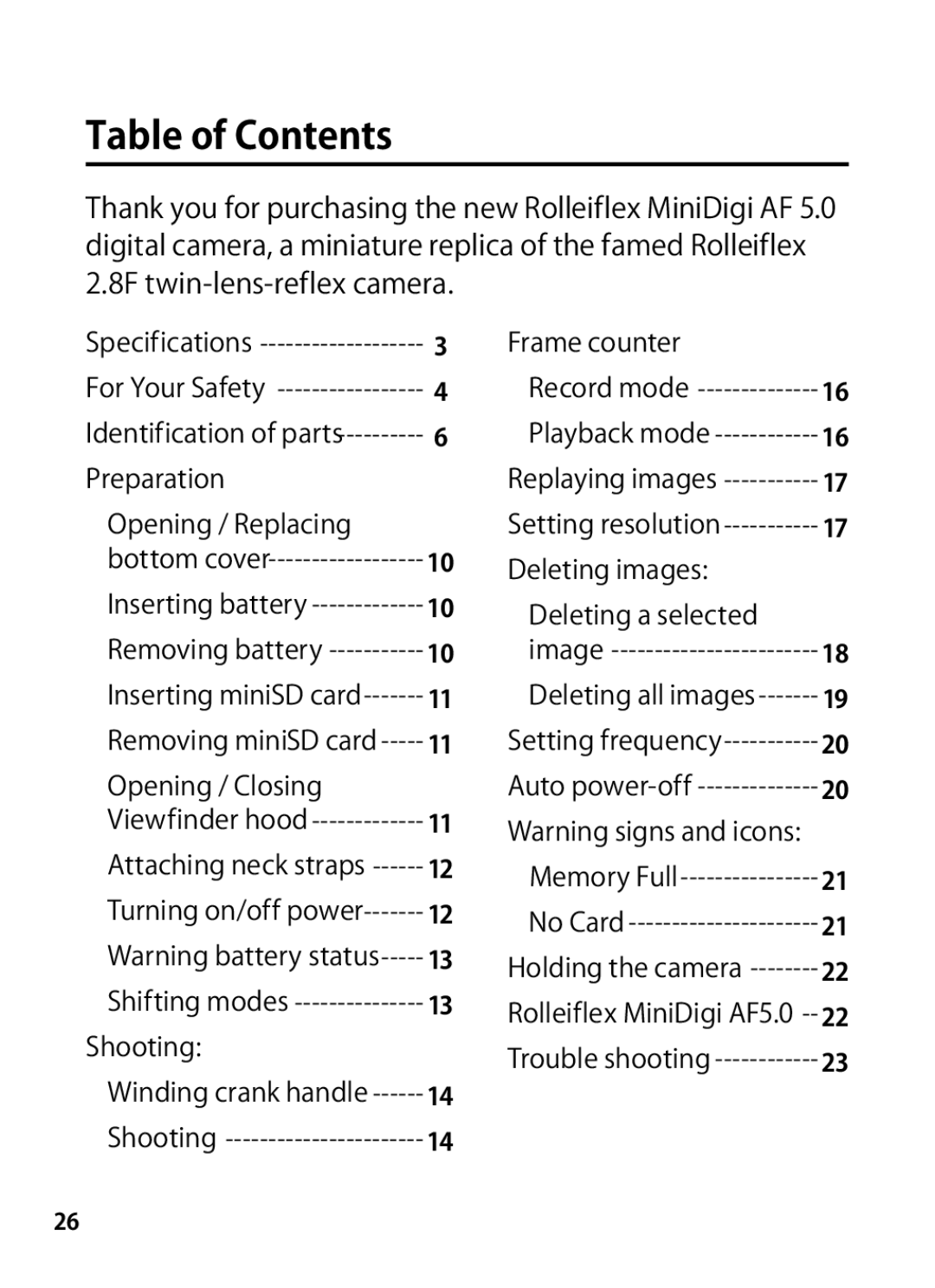 Rollei 24611 manual Table of Contents 