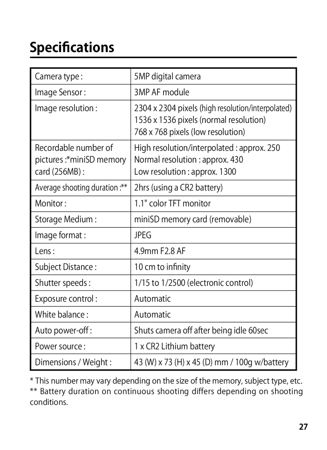 Rollei 24611 manual Speciﬁcations, Power source CR2 Lithium battery Dimensions / Weight 