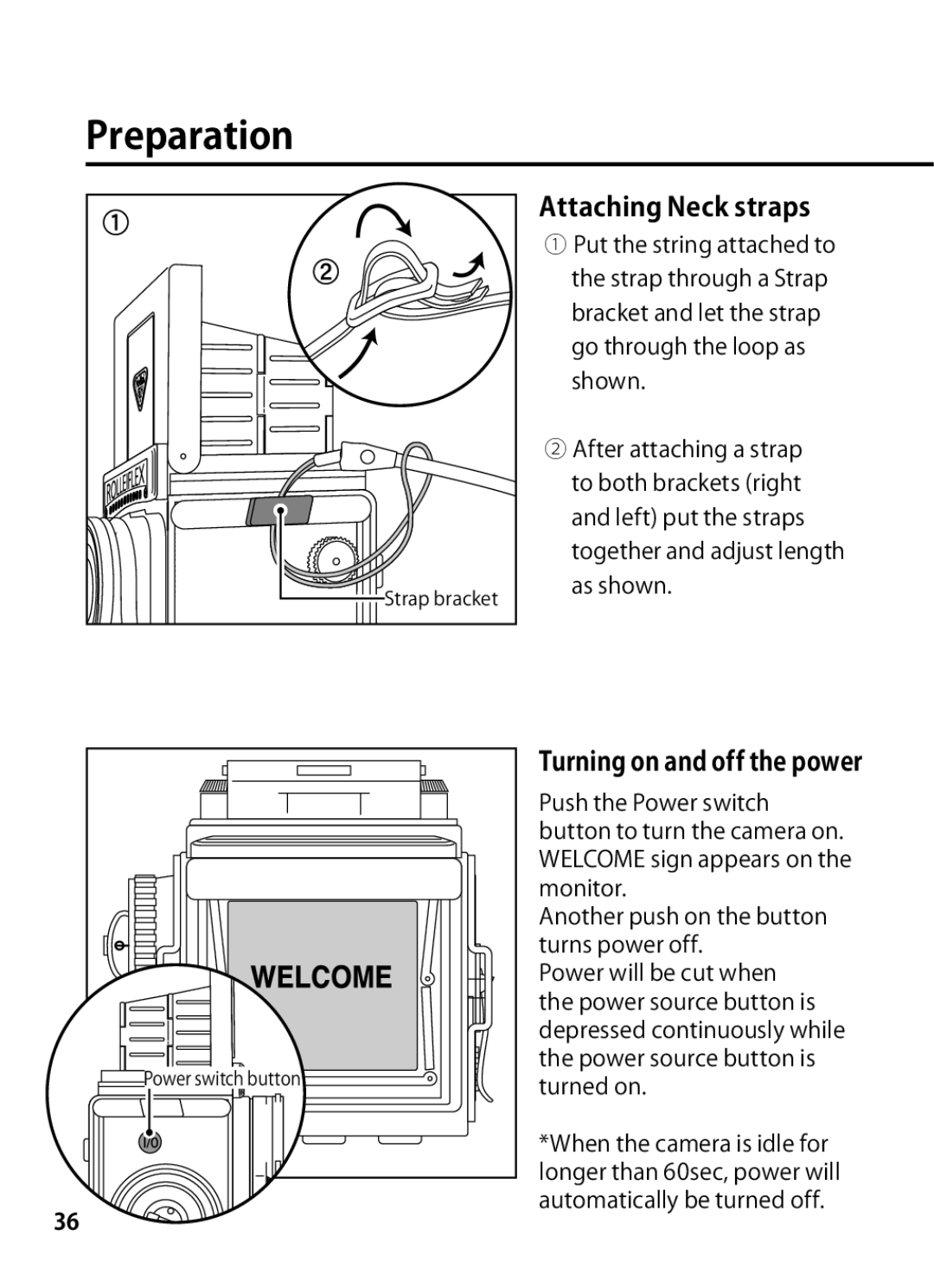 Rollei 24611 manual Attaching Neck straps, Turning on and off the power 