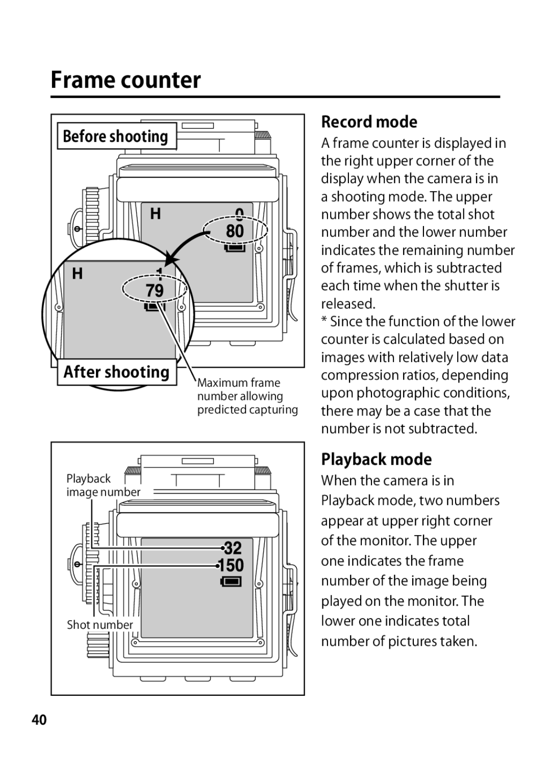 Rollei 24611 manual Frame counter, Before shooting After shooting, Record mode, Playback mode 