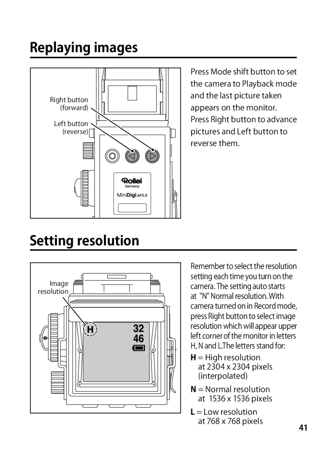 Rollei 24611 manual Replaying images, Setting resolution 