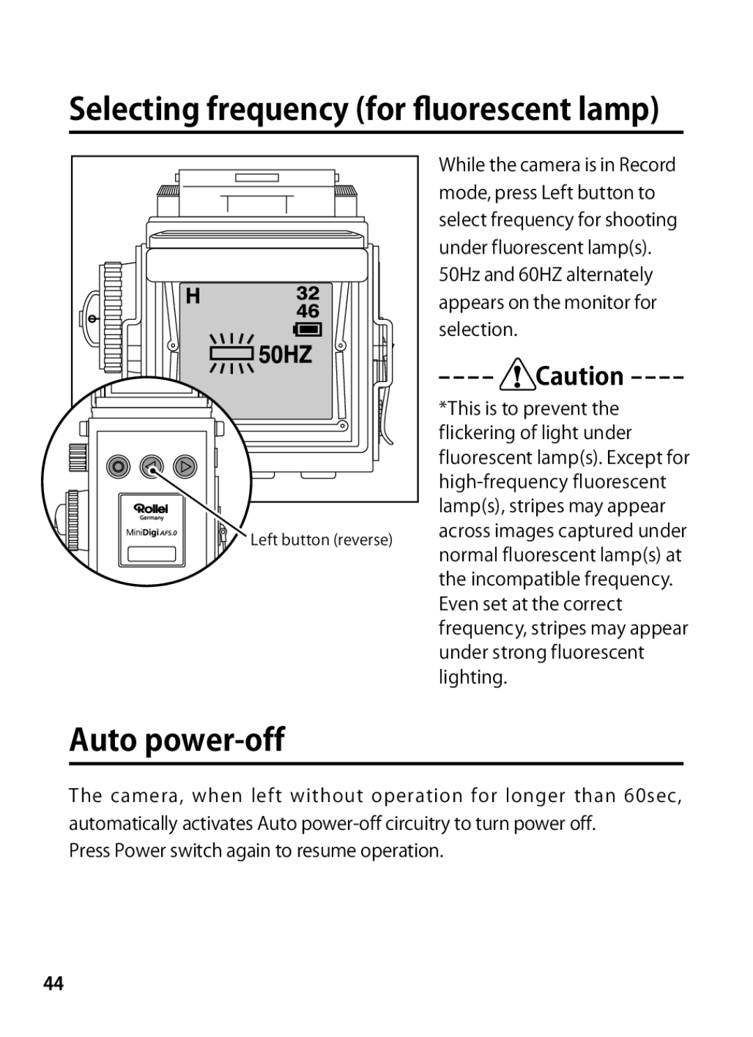 Rollei 24611 manual Selecting frequency for ﬂuorescent lamp, Auto power-off 