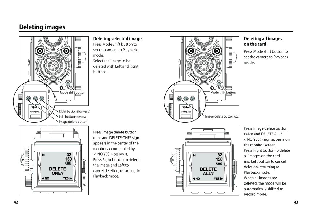 Rollei AF 5 manual Deleting images, Deleting selected image, Deleting all images on the card 