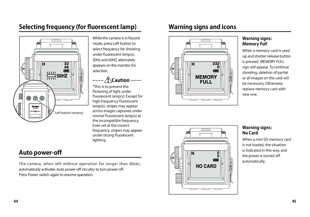 Rollei AF 5 manual Selecting frequency for ﬂuorescent lamp, Auto power-off, Memory Full, No Card 