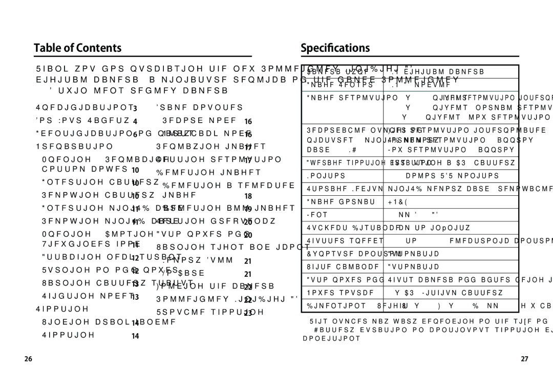 Rollei AF 5 manual Table of Contents, Speciﬁcations 