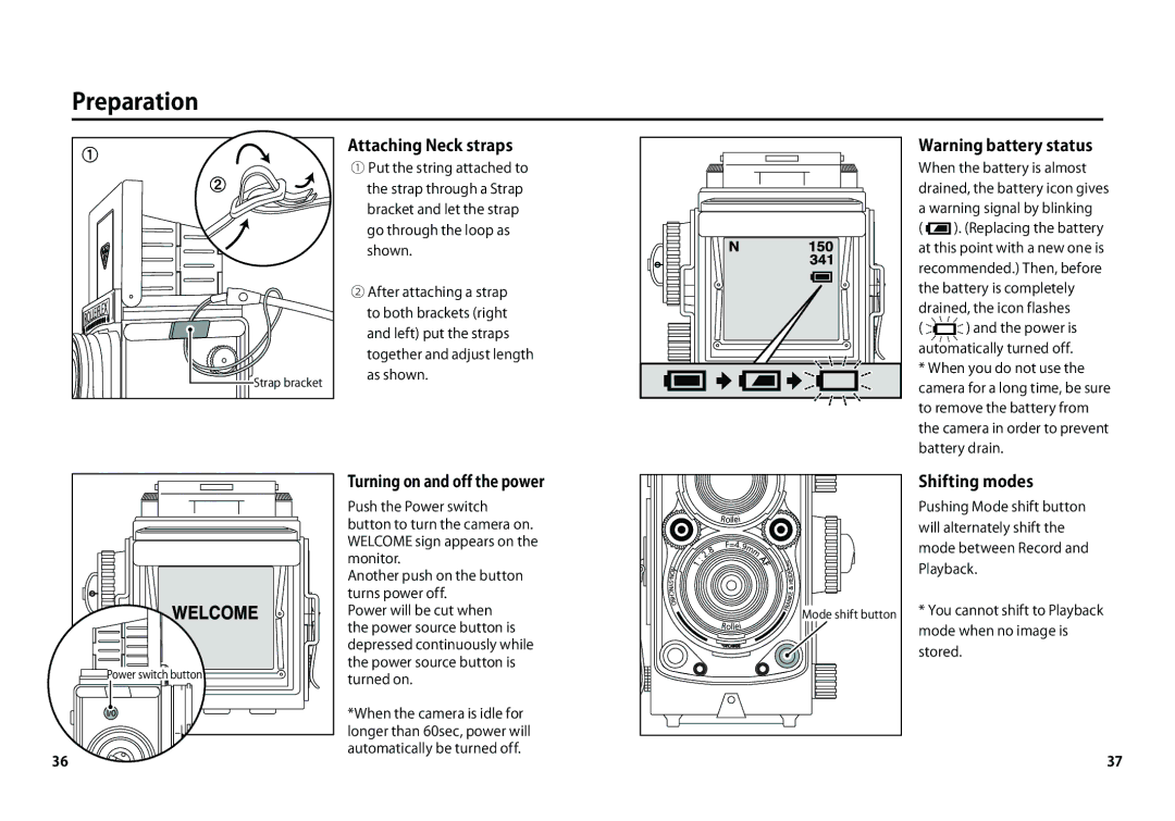 Rollei AF 5 manual Attaching Neck straps, Turning on and off the power, Shifting modes 