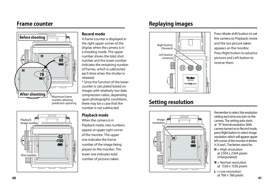 Rollei AF 5 manual Frame counter Replaying images, Setting resolution, Record mode, After shooting, Playback mode 