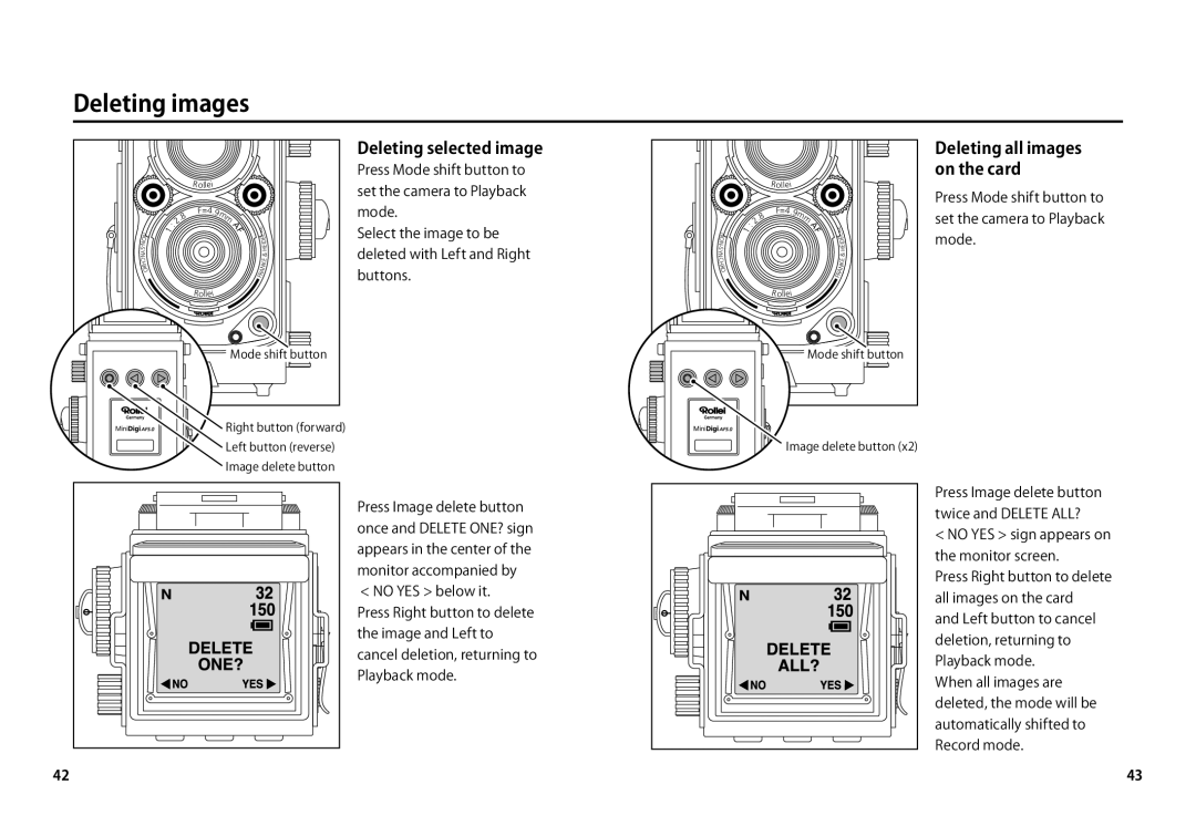 Rollei AF5.0 manual Deleting images, Deleting selected image, Deleting all images on the card 