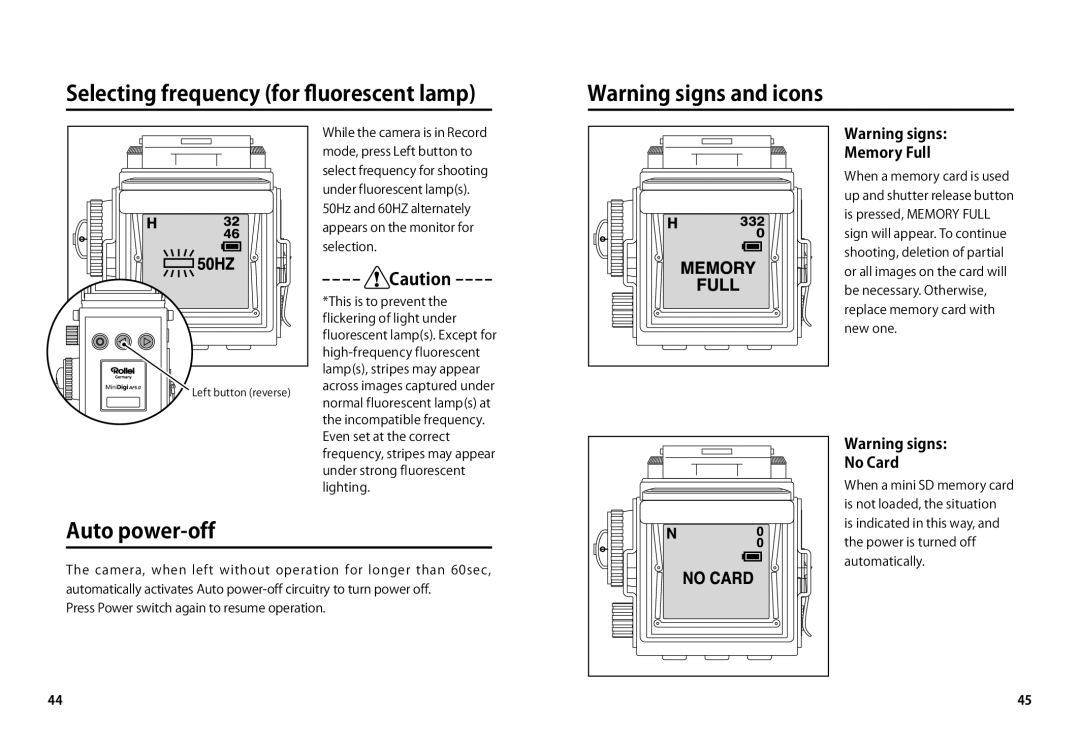 Rollei AF5.0 manual Selecting frequency for ﬂuorescent lamp, Auto power-off, Memory Full, No Card 