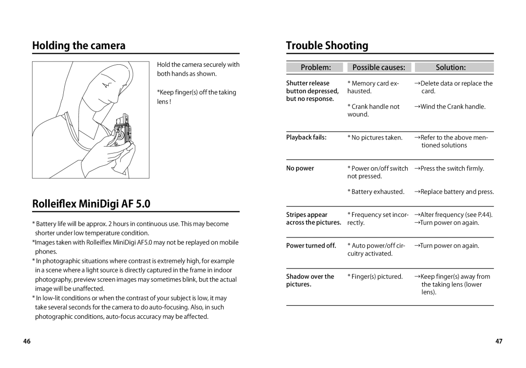 Rollei AF5.0 manual Holding the camera, Rolleiﬂex MiniDigi AF, Trouble Shooting, Problem Possible causes Solution 