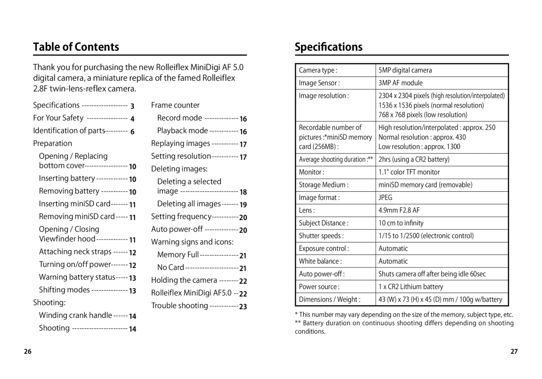 Rollei AF5.0 manual Table of Contents, Speciﬁcations 