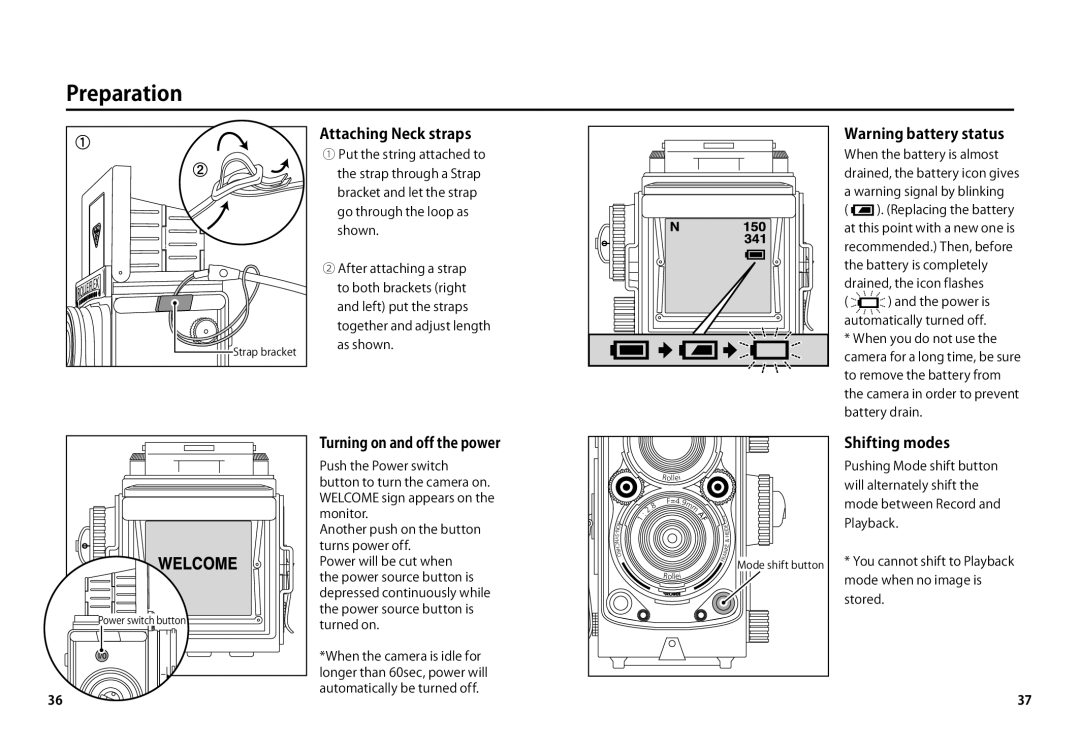 Rollei AF5.0 manual Attaching Neck straps, Turning on and off the power, Shifting modes 